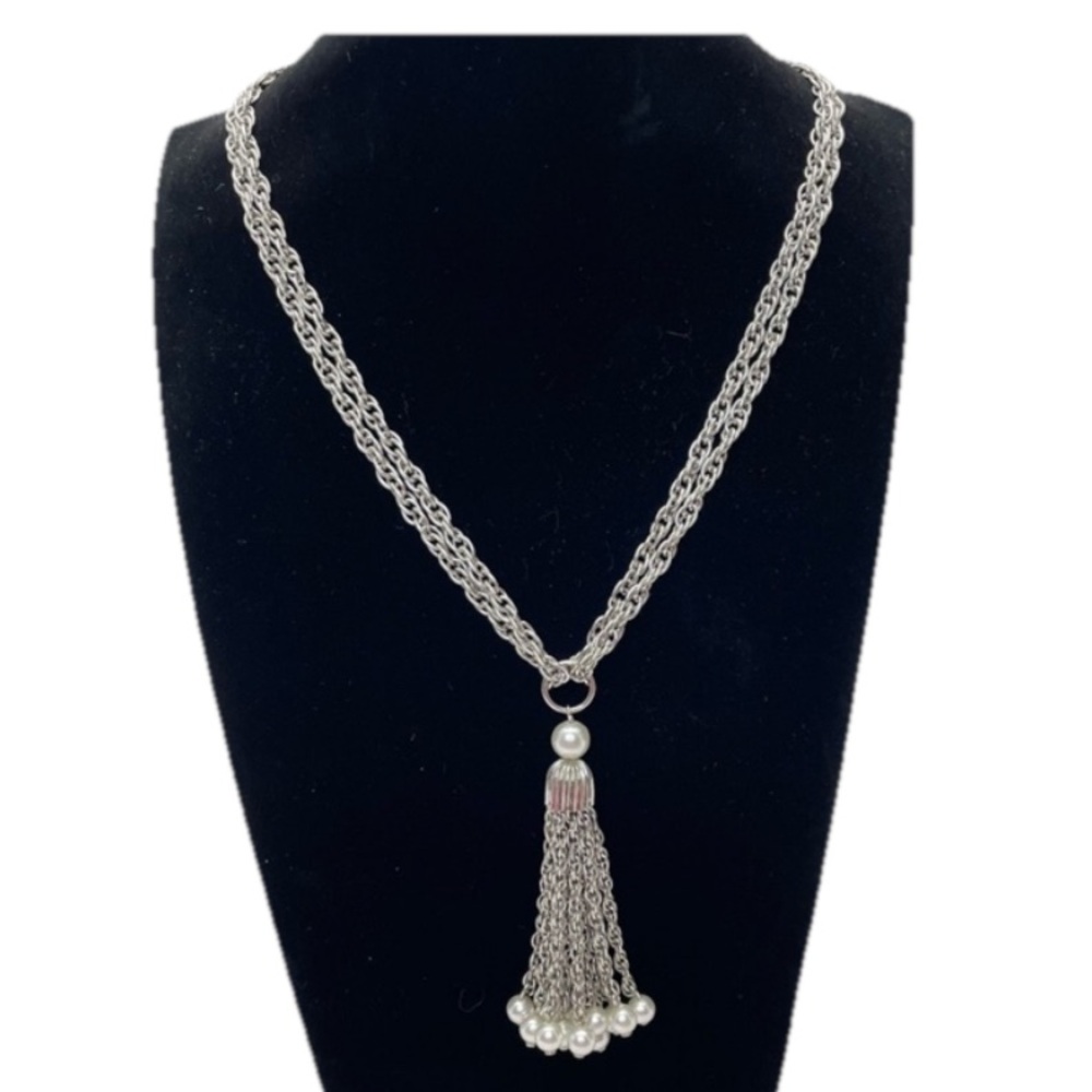 Vintage Silver Tone Necklace Tassel with Faux Pearls